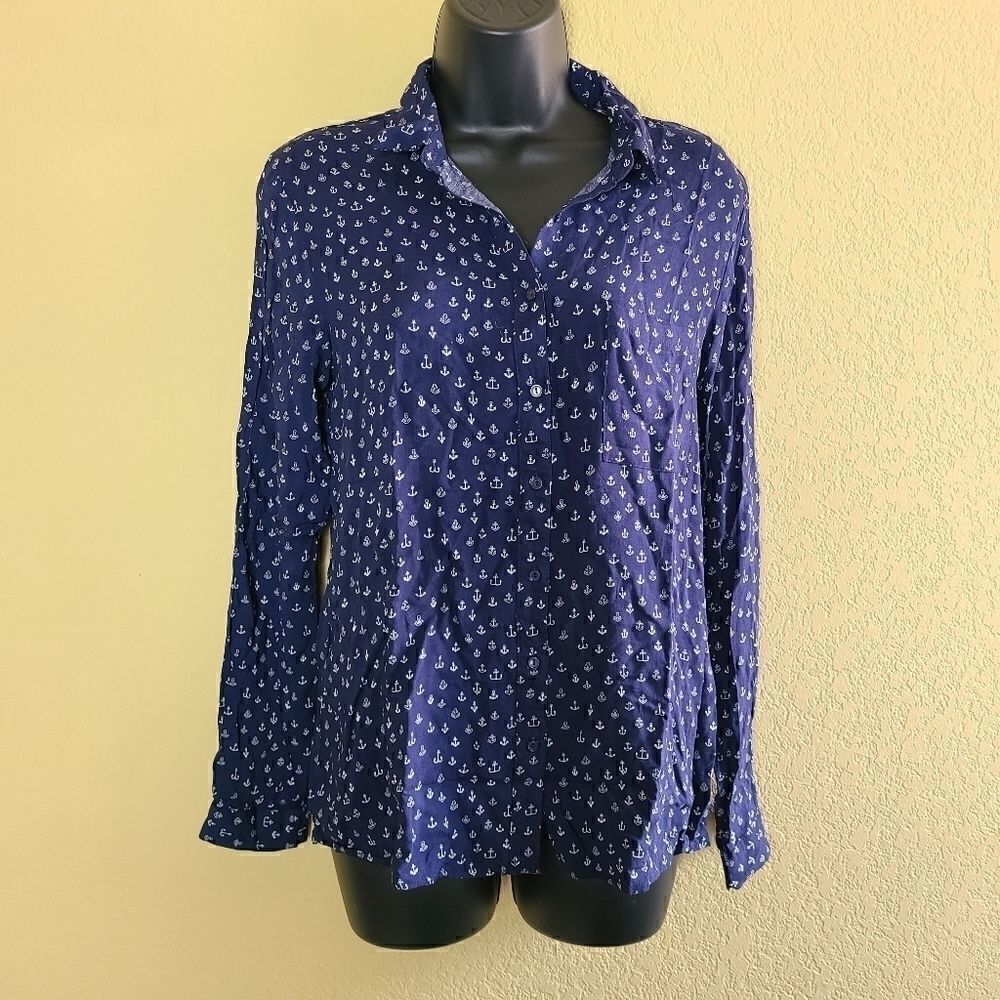 Pull & Bear Long Sleeve Button Down Anchor Top